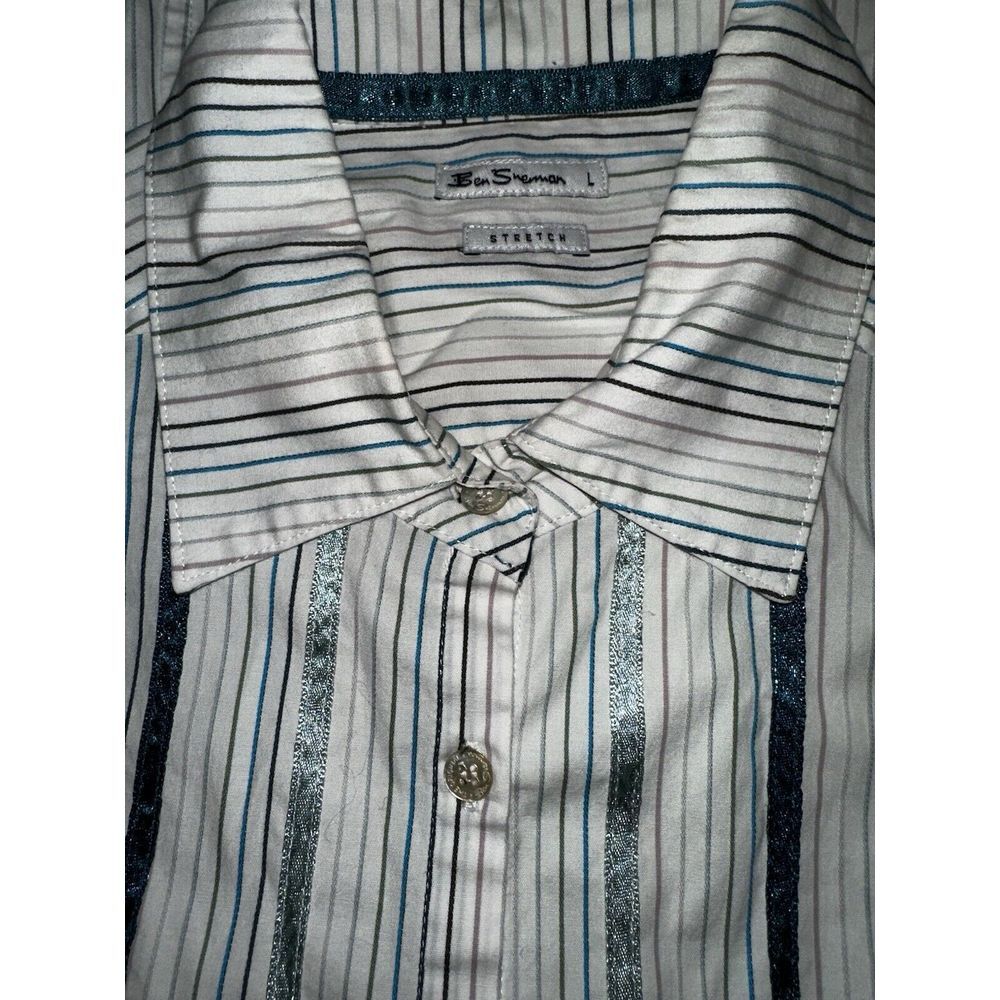 Ben Sherman Women's Blue & Green Striped Long Sleeve Button Up Stretch Lrg #J